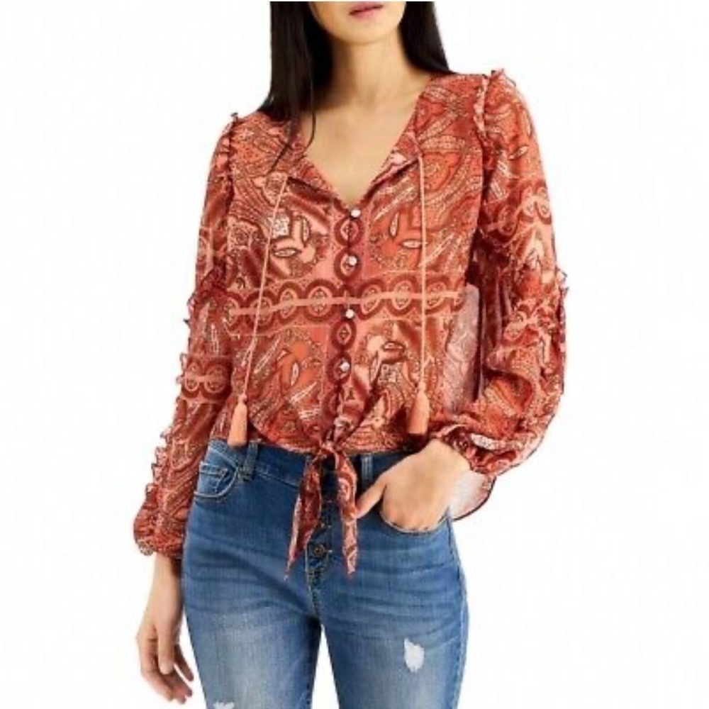INC Womens Printed Tassel-Tie Button-Up Long Sleeve Bohemian Top Blouse M Boho